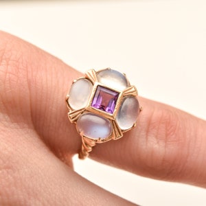 Moonstone Amethyst Flower Ring In 14K Yellow Gold, Estate Jewelry, Size 5 1/4 US image 10