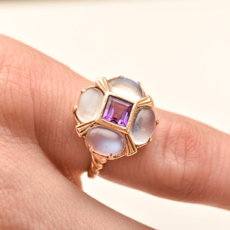 Moonstone Amethyst Flower Ring In 14K Yellow Gold, Estate Jewelry, Size 5 1/4 US image 10