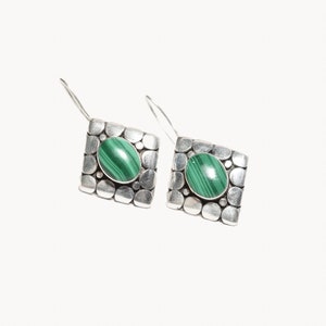 Modernist Sterling Silver Malachite Dangle Earrings, Cute Gemstone Earrings, 1.5 L image 8