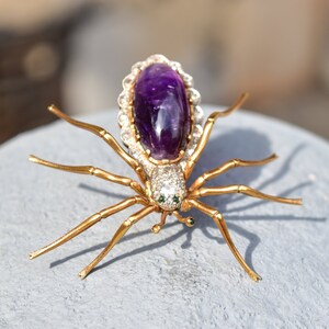 Art Deco 14K Diamond Encrusted Amethyst Spider Brooch, Scalloped White Gold Edges, Green Emerald Accents, 2 1/2 image 3