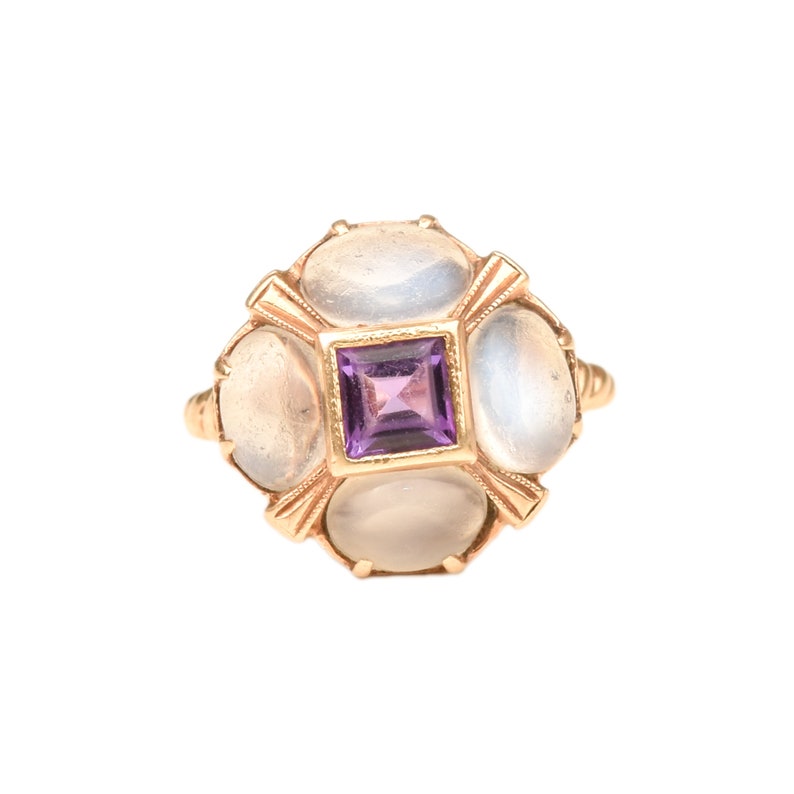Moonstone Amethyst Flower Ring In 14K Yellow Gold, Estate Jewelry, Size 5 1/4 US image 5