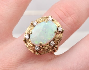 Mid-Century Opal Diamond Cocktail Ring In 14K Yellow Gold, Estate Jewelry, Size 7 US