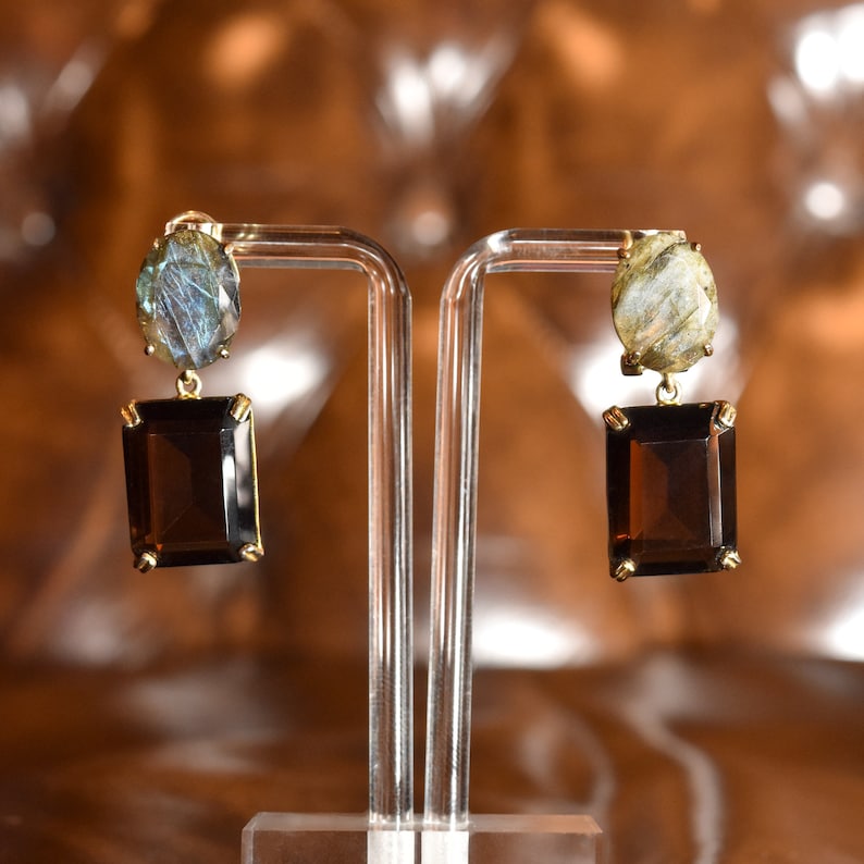 Labradorite & Smoky Quartz Dangle Earrings, Gilt Bronze/Sterling Silver Omega Backs, Gemstone Jewelry, 40mm image 2