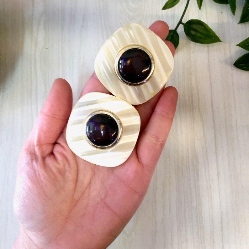 Plastic Earrings Clip On Earrings Statement Jewlery Big Large Earrings Vintage Jewelry 1970/'s Vintage Costume Jewelry Cream Black
