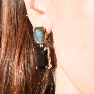 Labradorite & Smoky Quartz Dangle Earrings, Gilt Bronze/Sterling Silver Omega Backs, Gemstone Jewelry, 40mm image 1