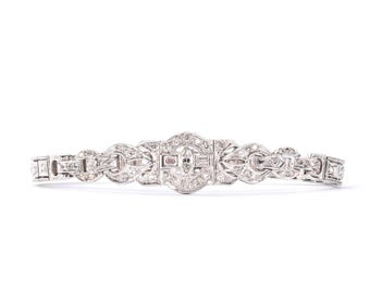Antique Art Deco 14K White Gold Marquise & Brilliant Cut Diamond Bracelet, 6in