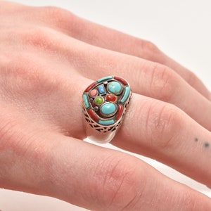 Multi-Stone Heart Ring In Sterling Silver, Turquoise, Coral, Gaspeite, Valentines Day Gift, 7 3/4 US image 4