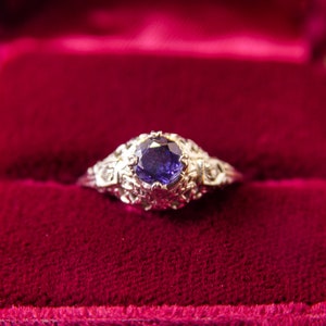 Art Deco Solitaire Sapphire Filigree Engagement Ring In 14K White Gold, Diamond Accents, Promise Ring, 6 3/4 US image 3