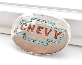 Turquoise & Coral Chip Inlay 'CHEVY' Belt Buckle, Engraved Silver, Southwestern Jewelry, 4.125"