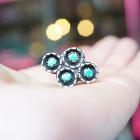 Zuni Snake Eye Turquoise Shadowbox Ring, Small 4-Stone Turquoise Ring, Native American Jewelry, Size 3 1/4 US