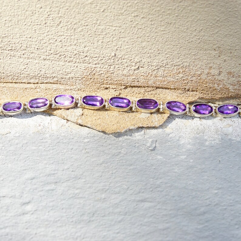 Bezel Set Gemstone Bracelet Signed INDO KC 925 Vintage Sterling Silver Amethyst Tennis Bracelet Oval Cut Amethyst Stones 8 Long