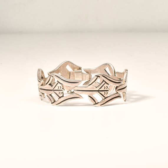 Modernist TAXCO Sterling Silver Link Bracelet By Pedro Castillo, Abstract 925 Flower Link Cuff, 7" L