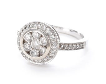 Anillo de compromiso vintage de oro blanco de 14 quilates con halo de diamantes naturales, talla 7
