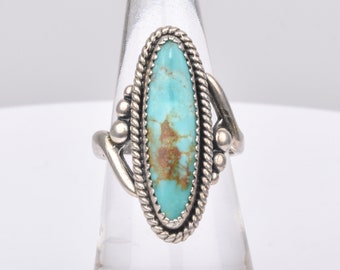 Sterling Silver Turquoise Marquise Ring, Bypass Design, Natural Blue Turquoise, Size 5 1/2 US