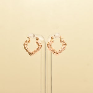 14K Textured Heart-Shaped Hoops In Yellow Gold, Cute Small Gold V-Shaped Earrings, Valentines Day Gift image 2