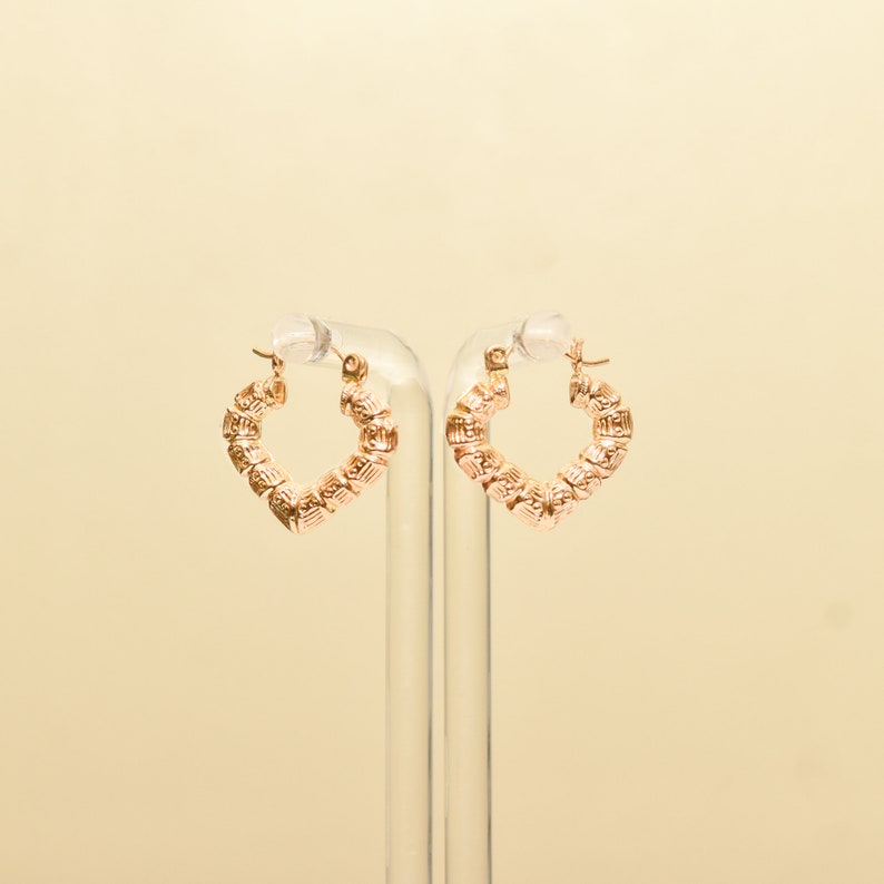 14K Textured Heart-Shaped Hoops In Yellow Gold, Cute Small Gold V-Shaped Earrings, Valentines Day Gift image 2