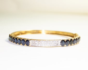 Antique Sapphire Diamond Bangle In 14K Yellow Gold, Natural Blue Sapphire, White Gold 1/2 TCW Diamond Cluster, 7.5"