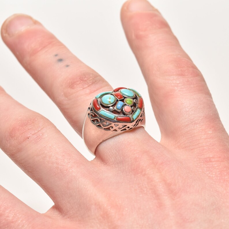 Multi-Stone Heart Ring In Sterling Silver, Turquoise, Coral, Gaspeite, Valentines Day Gift, 7 3/4 US image 7
