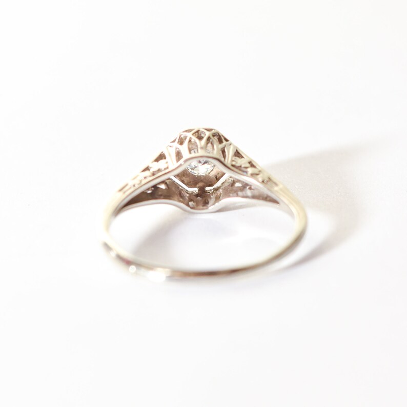 Antique 14K Diamond Sapphire Filigree Engagement Ring, Old-Mine Cut, Floral Motifs, Estate Jewelry, 5 3/4 US image 9