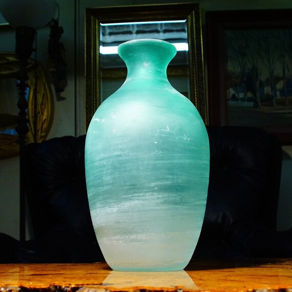 Vintage Signed Cenedese Modern Art Scavo Murano Frosted Blue Glass Vase, Impressive Italian Glass Vase, 12 1/4” H x 7” W