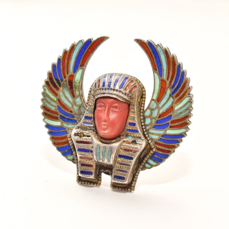 Egyptian Revival Enamel Brooch Pin, Colorful Winged Pharaoh Pin, Vintage Jewelry, 1.25 image 4