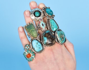 Vintage Sterling Silver Turquoise and Coral Rings, Sizes 4 3/4 - 10 1/4