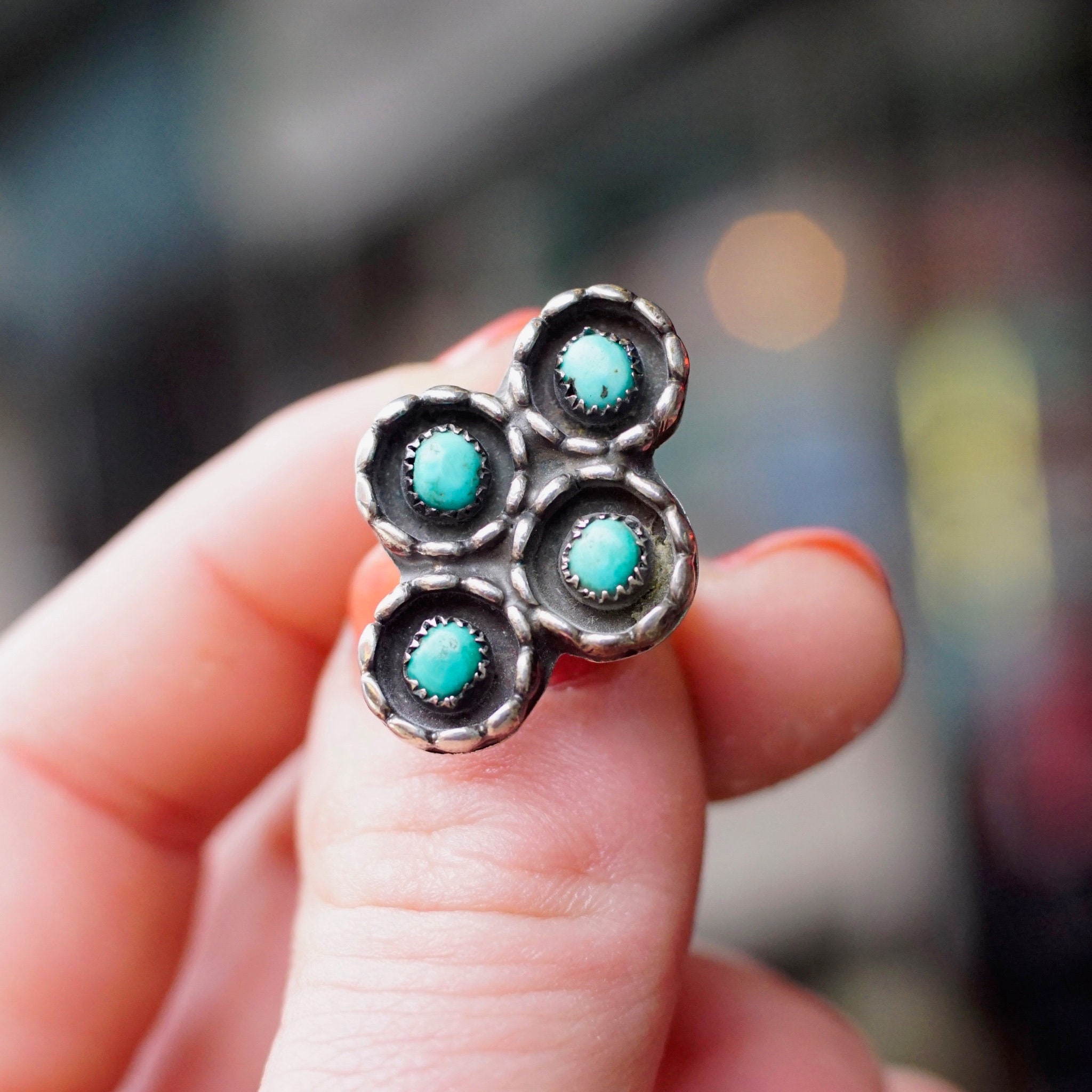 Zuni Snake Eye Turquoise Shadowbox Ring Small 4stone Etsy