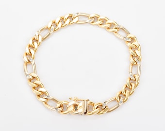 Solid 18K Diamond Figaro Bracelet In Yellow Gold, Modernist Gold Link Bracelet, Estate Jewelry, 7" L