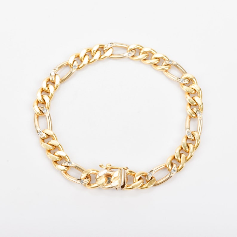 Solid 18K Diamond Figaro Bracelet In Yellow Gold, Modernist Gold Link Bracelet, Estate Jewelry, 7 L image 1