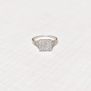 Edwardian Revival Platinum Diamond Grid Ring, .36 TCW, Square Cluster Ring, Estate Jewelry, Size 7 US - Good's Vintage