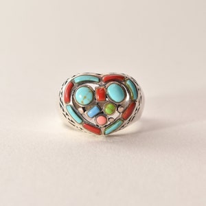 Multi-Stone Heart Ring In Sterling Silver, Turquoise, Coral, Gaspeite, Valentines Day Gift, 7 3/4 US image 2