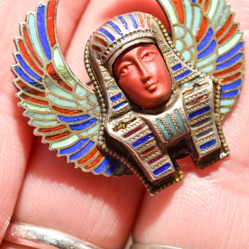 Egyptian Revival Enamel Brooch Pin, Colorful Winged Pharaoh Pin, Vintage Jewelry, 1.25 image 8