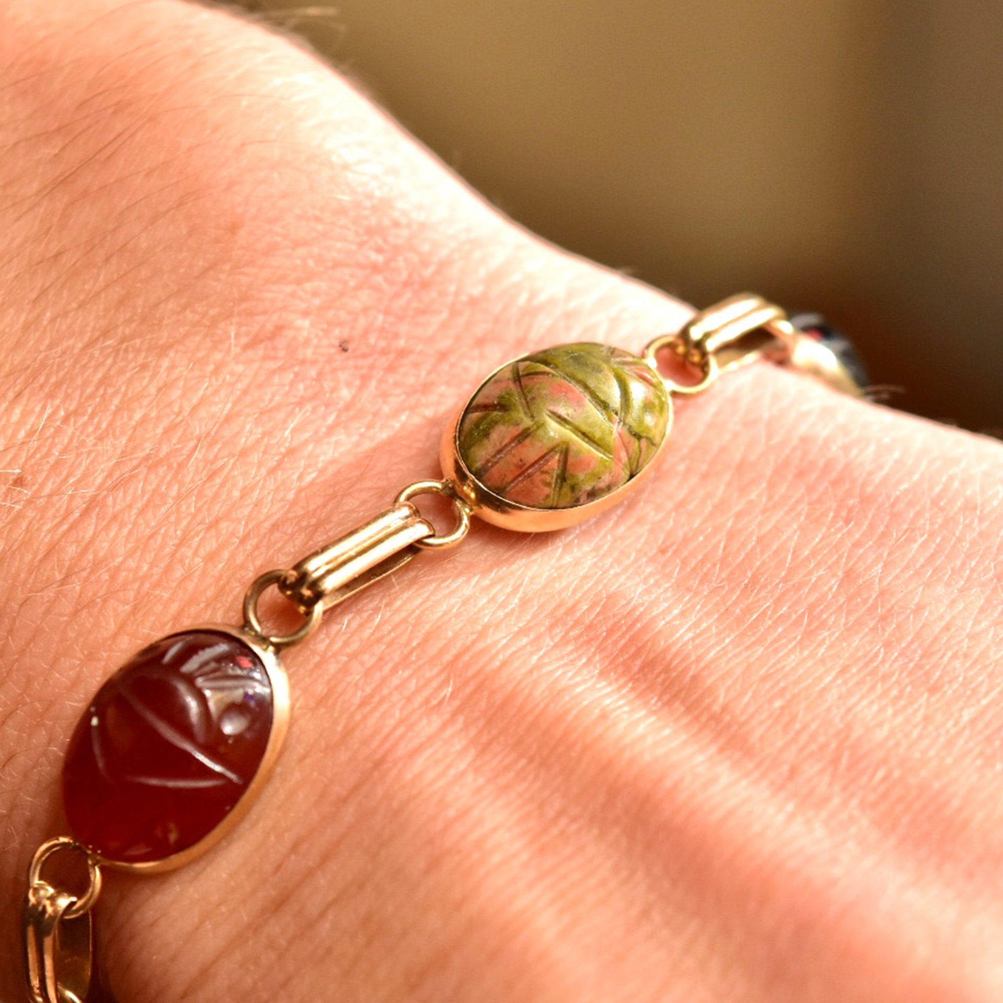14K Scarab Bracelet, Carved Multi-stone Link Bracelet, Natural Gemstones, Yellow Gold, Egyptian Revival, 8 1/8 L - Etsy 14K Scarab Bracelet, Carved Multi-stone Link Bracelet, Natural Gemstones, Yellow Gold, Egyptian Revival, 8 1/8 L - Etsy