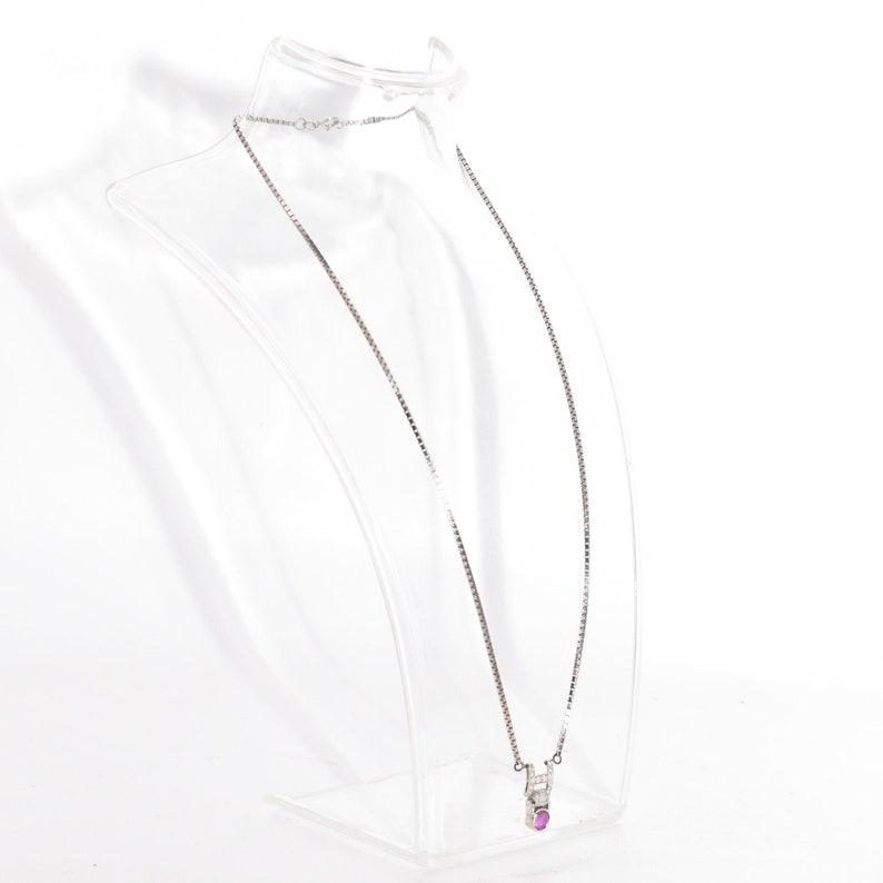 Italian 14K White Gold Pink Sapphire Diamond Pendant Necklace, 2mm Box Chain, Estate Jewelry, 18.5 L image 9