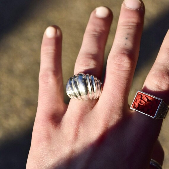 Vintage TAXCO Ribbed Sterling Silver Bombe Ring, Modernist Wavy Scalloped Dome Ring, 925 Mexico, Size 7 1/4 US