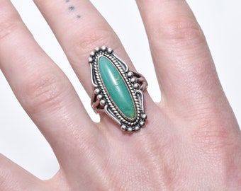Native American Sterling Silver Turquoise Marquise Ring, Southwestern Jewelry, Size 8 US