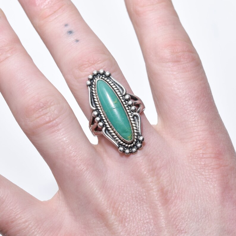 Native American Sterling Silver Turquoise Marquise Ring, Southwestern Jewelry, Size 8 US image 1