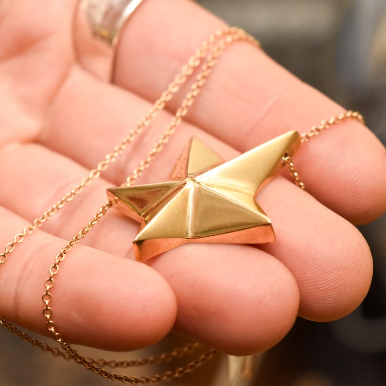 14K Gold Star Pendant Necklace, Asymmetric 5-Pointed Star, 1mm Cable Chain, Christmas Gift, 18.5 L image 9