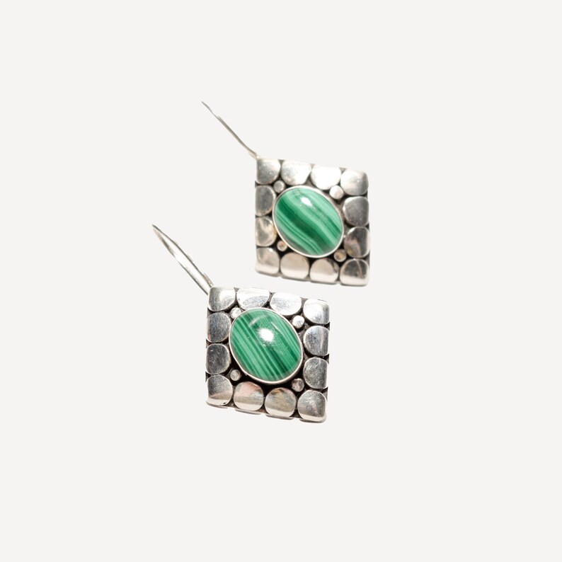 Modernist Sterling Silver Malachite Dangle Earrings, Cute Gemstone Earrings, 1.5 L image 6