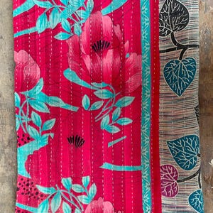 Handmade Kantha Quilt: Reversible Floral Cotton Blanket, Vintage Throw