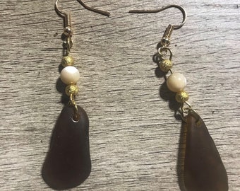 Dark Amber Sea Glass Earrings