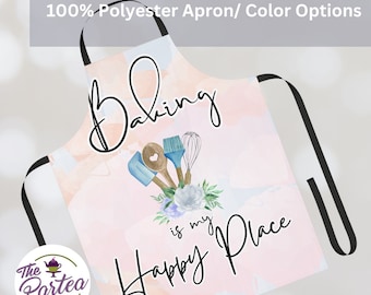 Tablier unisexe Tablier rose 100 % polyester, Baking is My Happy Place, 5 couleurs de sangles au choix, Taille unique pour femme ou homme, Cadeaux de cuisine