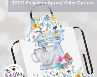 Tablier unisexe, tablier floral cupcakes et mixeur 100 % polyester, 5 couleurs de sangle au choix, taille unique pour femme ou homme, cadeaux de cuisine