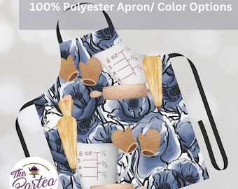 Tablier unisexe Tablier 100 % polyester, 5 couleurs de sangle au choix, taille unique pour femme ou homme, cadeaux de cuisine tablier fleurs bleues