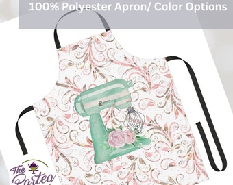 Tablier unisexe Tablier 100 % polyester, Mélangeur rose avec roses, 5 couleurs de sangle au choix, Taille unique pour femme ou homme, Cadeaux de cuisine