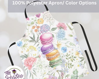 Tablier unisexe Tablier 100 % polyester, fleurs colorées et macarons, 5 couleurs de sangle au choix, taille unique pour femme ou homme, cadeaux de cuisine