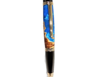 Ocean Blue and Burl Wood Twist Pen