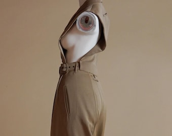 F/W 1988 Jean Paul Gaultier rare matching set tan suit with open sides made of a dicky and high-waisted pants with matching belt