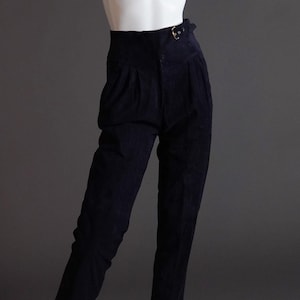 1970s Céline high-waisted suede pants in navy with gold hardware and built in belt