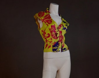 Christian Lacroix silk corset top with chinoiserie inspired floral - vintage designer chartreuse bustier top with bold pattern